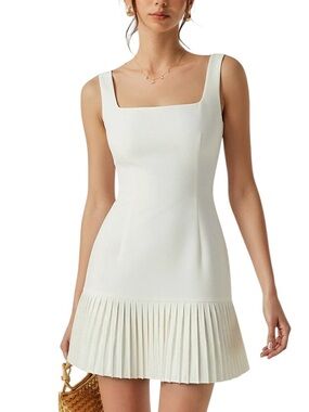 Commense White Square Neck Pleated Hem Mini Dress XS NWT